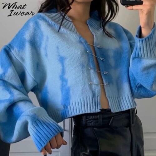 Women Casual Knitted Sweater Tie dye Streetwear long Sleeve loose oversized cardigan knit shirt Autumn winter clothes