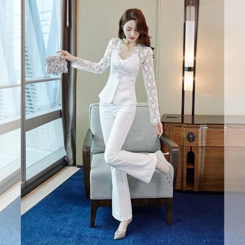 Korean Mature Woman Spring Autumn New Fashion Lace Full Office Lady Single Breasted V-Neck Full Length Suits Sweet All-match