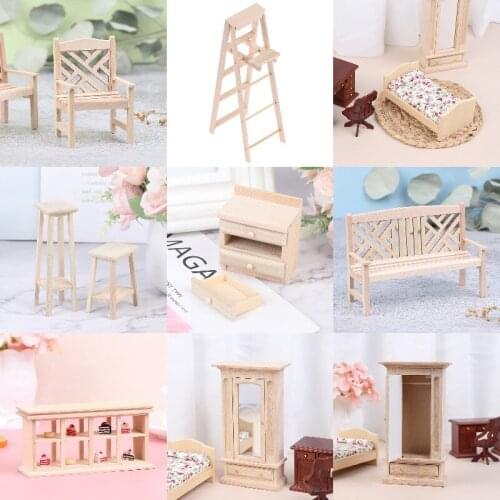 New Hot！Mini Dollhouse Chair Cupboard Bed Room Wardrobe with Mirror Miniature Kids Pretend Play Toy Developmental Toys