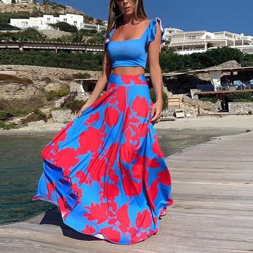 Fashion Sexy Floral Printing Dress Sets Butterfly Sleeve Breast Wrap Short Crop Tops High Waist Loose A-line Skirt Two-piece Set