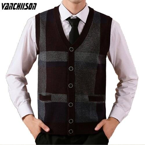 Men Knit Vest Buttons Down Basic Sweater Cardigan Sleeveless 45% Wool Casual Vintage Thick Winter Crossed Stripes A08191029