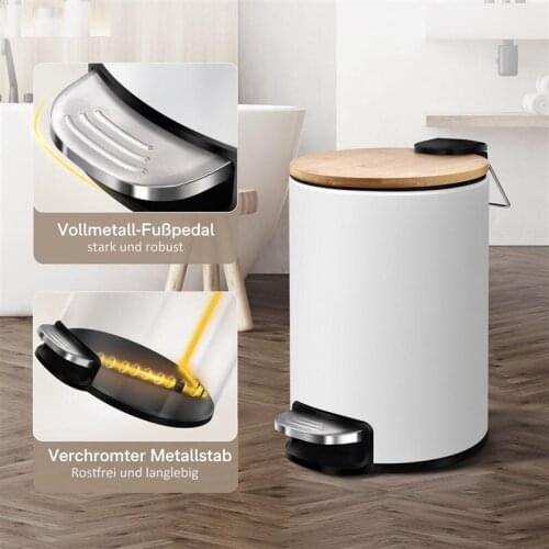NHBR Stainless Steel Trash Can with Bamboo Lid 3L Step-on Garbage Container Trash Bin for Kitchen Bathroom Bedroom White