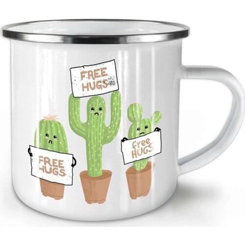 Stainless Steel Camping Coffee Mug Free Hugs Cactus Enamel Birthday Christmas Outdoors Metal Enamel Campfire Cup
