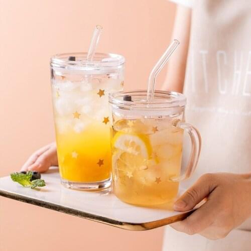 Portable Star Straw Cup Sealed Glass Juice Milk Mug With Handle Heat-Resistant Coffee Water Bottle Gift Travel Party Supplies