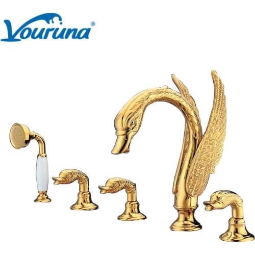 VOURUNA Luxurious Golden Bathtub Faucet Swan Shape 5 Hole Bath Tub Shower Mixer Tap Solid Brass Construction