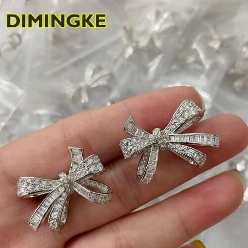 DIMINGKE 100%-S925 Silver Bow Diamond Stud Earrings Super Flash Party Lover Gift