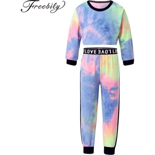 Spring Autumn Casual Tracksuit Girls Sportswear Two Pieces Sets Sports Suit Pullover Crop Top Workout Running Pants Kids Outfits