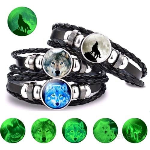 Glowing Wolf Bracelet Luminous Bracelet Glow In Dark Wolf Head Punk Black Leather Woven Luminous Jewelry Unisex Animal Bracelets