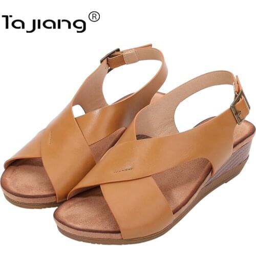 Tajiang New bohemian style metal buckle wedge heel ladies sandals retro Roman shoes summer women fighter sandals T730-10