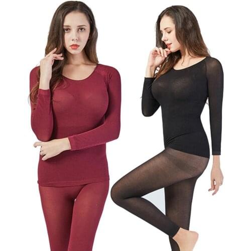 Ultra-thin High Elasticity Thermal Underwear Women Long Sleeve Top Pants Set
