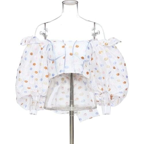 Johnature 2021 Summer Sexy Wave Point Slash Neck Backless Women Tops New Fashion All Match Puff Sleeve Shirts