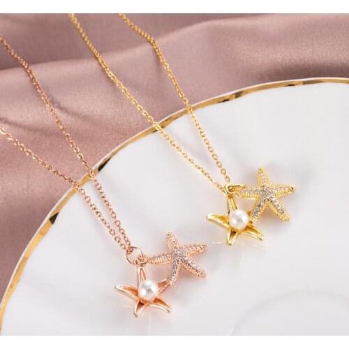 Stainless Steel Rose Gold Pearl Starfish Delicate Women Fashion Pendant Necklace Jewelry Gift For Him with Chain