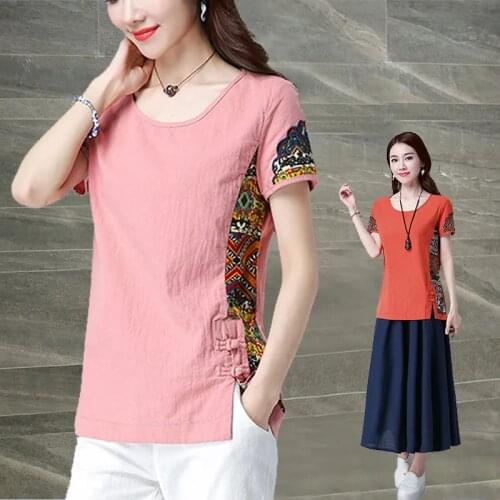 Large Size Cotton Linen Womens 2021 Summer Ethnic Style Imitation Linen Round Neck Bottoming Shirt Short-Sleeved T-Shirt Female