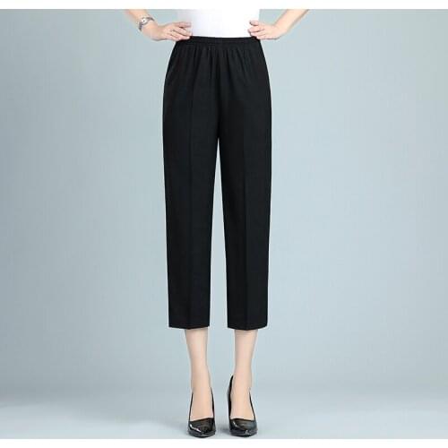 9 Colors Womens Black Trousers Summer Thin Loose Elastic Waist Pants Women Plus Size Solid Color Casual Calf-Length Pants