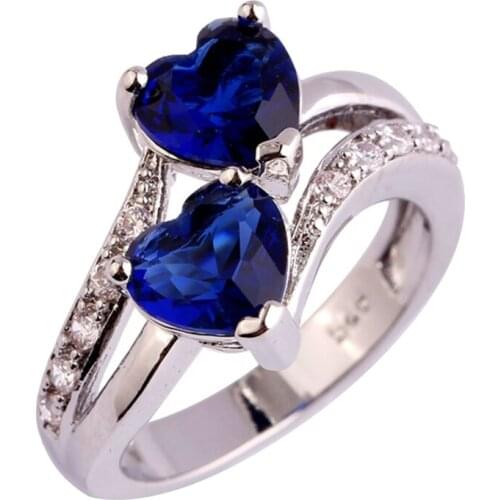 KUNIU Women Double Heart Rhinestones Ring Wedding Engagement Rings Jewelry Gift Silver Ring Size 6 7 8 9 10 11 12