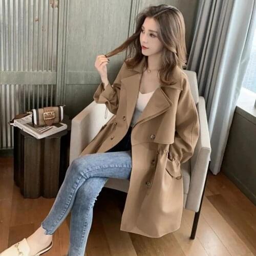 Women Trench Coat Lapel Double Breasted Drawstring Casual Mid Long Windbreak Plus Size Jacket Casaco Feminino Chaquetas De Mujer
