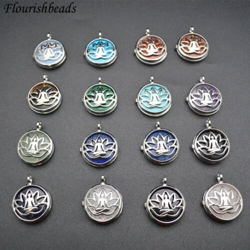 1pc Natural Stone Lotus Sitting Buddha Round Cabochon Metal Hollow Out Necklace Pendant Fashion Energy Jewelry Findings