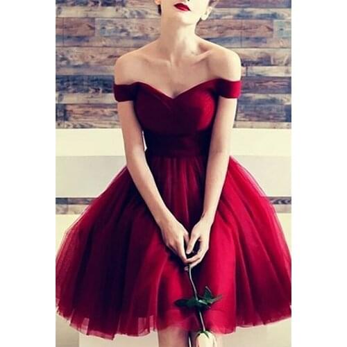 2020 Elegant Red Tulle Off The Shoulder Prom Dresses Short A Line Lace Up Back Formal Party Dress Custom Made