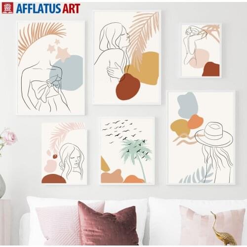 Abstract Girl Line Drawing Plant Leaf Wall Art Canvas Painting Nordic Posters And Prints Wall Pictures For Living Room Decor