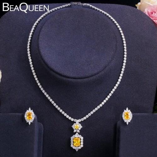 BeaQueen Noble Yellow Princess Cubic Zirconia Costume Earrings Necklace Wedding Jewelry Sets for Brides Bridesmaids JS260