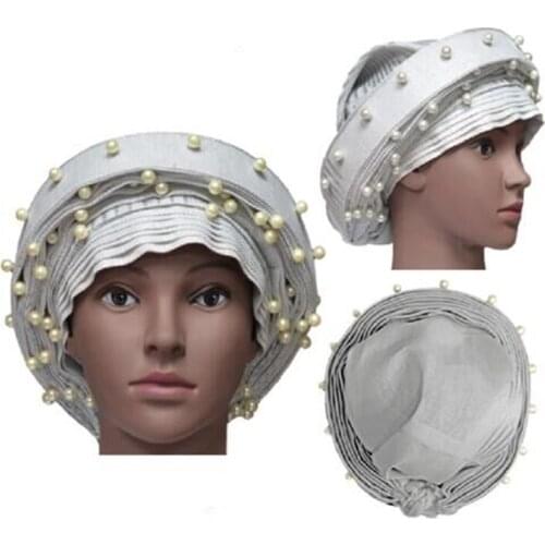 White,Orange,Purple color African Already Tied Aso Oke Headtie Ladies Beads For Bridal And Party Dress HT181024-3