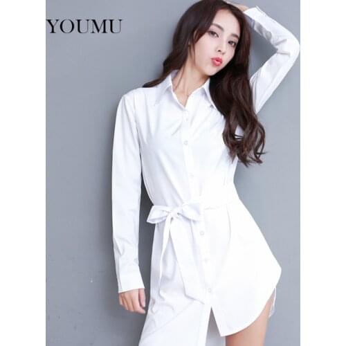 Blouse shirt dress long sleeve loose pajamas asymmetrical solid color white cotton large size comfortable Above Knee 929-075