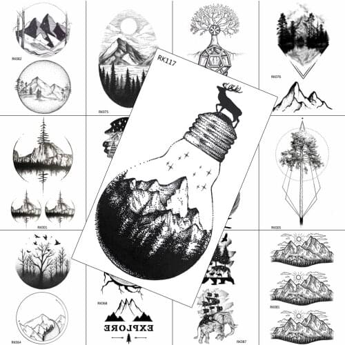 Black Elk Light Bulb Temporary Tattoo Mountain Forest Sticker Realistic Waterproof Tattoo DIY Body Art Arm Legs Tatoo For Men