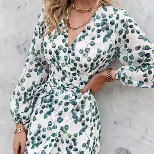 Elegant Green Leaf Print Dress Sexy Spring Long-sleeved V-neck Women Dresses 2021 Office Wrap Lace-up A-line Vestidos