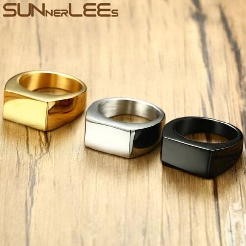 SUNNERLEES Titanium Stainless Steel Rings 10mm Simple Square ancient Design Smooth Black Silver Color Gold Plated Men RC-383