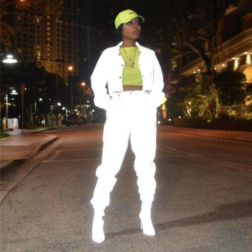 New Women Sexy Streetwear Lace Up Button Long Sleeve Long Pant Reflective Jumpsuit Bodycon Playsuit Clubwear Party Casual Romper