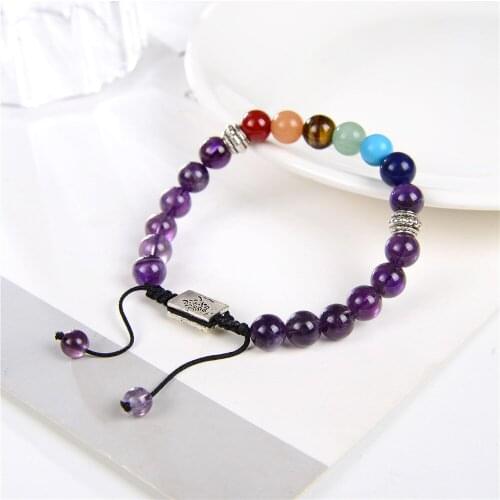 Natural Stone Purple Crystal Amethysts Bracelet for Women Energy Jewelry Round Beads Adjustable Braided Rope Chain 7.5inch Y941