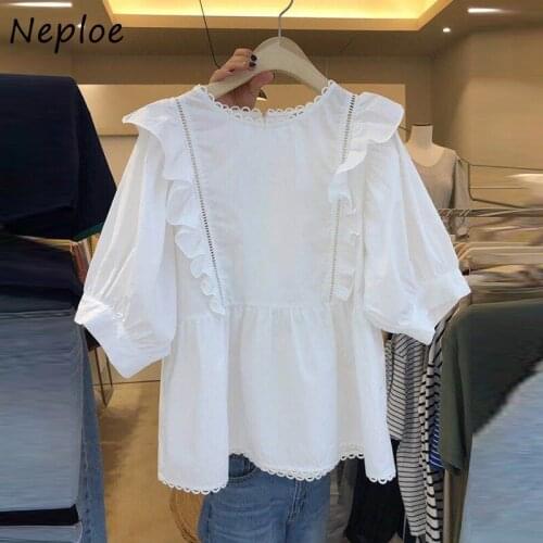 Neploe New Chic Lace Hollow Shirt Women 2021 Summer Short Sleeve Casual Loose Solid Color Blouse Round Neck Sweet Ladies Top