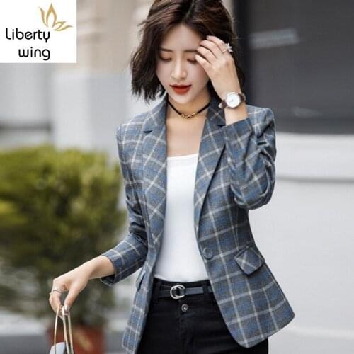 Office Ladies Slim Fit Plaid Woolen Blazer British Long Sleeve Business Work Women Korean Jacket Big Size 4XL Short Outwear Coat