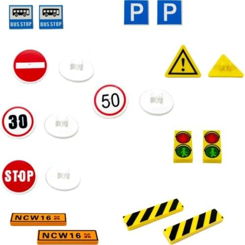 MOC Printed Tiles Blocks Traffic Signs Compatible City Road Building Bricks Tile Construction Toys Accessories DIY Kids Boy Game