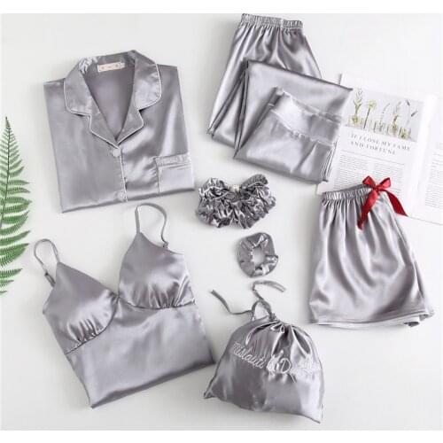 Pajamas women 7 Pieces Sleepwear Set Faux Silk Pink Solid Womens home clothes Autumn Summer Homewear Lingerie Sleep Tops