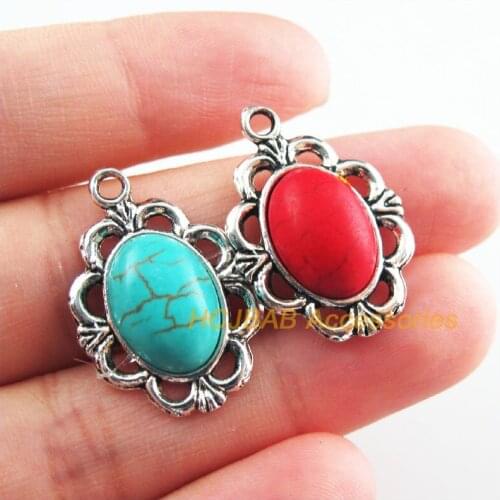 10Pcs Retro Tibetan Silver Tone Oval Flower Blue&Red Stone Charms Pendants 18.5x26.5mm