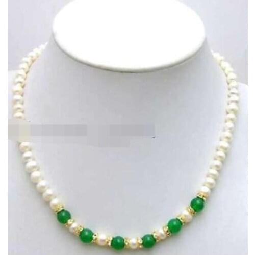 SALE 6-7mm White natural freshwater Pearl & 8mm Green jade 17" Necklace-nec0411