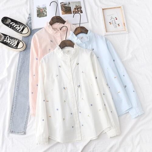 Floral Embroidery Shirts Womens Fungus Blouses Stand Collar White Blue Cotton Lady Tops Female Sweet Clothing Spring Autumn News
