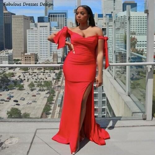 Sexy High Split Red Bridesmaid Dresses 2021 Off Shoulder Bowknots Long Mermaid Wedding Party Dress Vestido de fiesta de boda