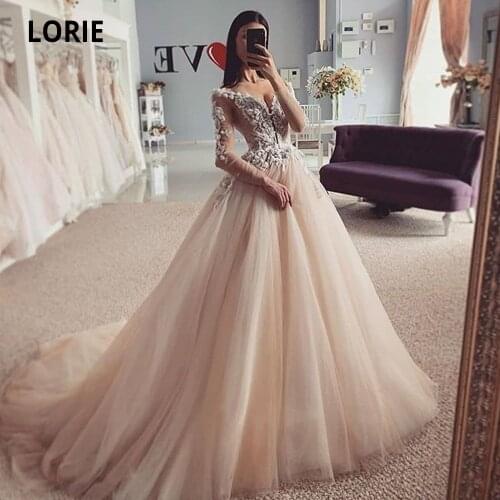 LORIE Tulle Wedding Dresses Boho Lace Appliques with Long Sleeve 2020 New Bridal Gowns Plus Size Princess Party Dresses Vintage
