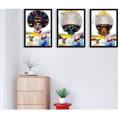 Dachshund Sausage Dog Hairdressers Art Canvas Painting Barbershop Wall Decor Funny Pet Dog Reading Newspaper Posters And Prints