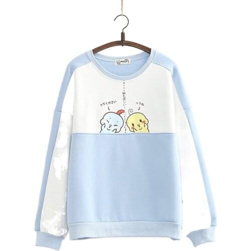 Spring Womens Loose Sweet O-neck Thick Harajuku Cotton Pullover New Patchwork Chicken Print Fleece Sweatshirt 6150