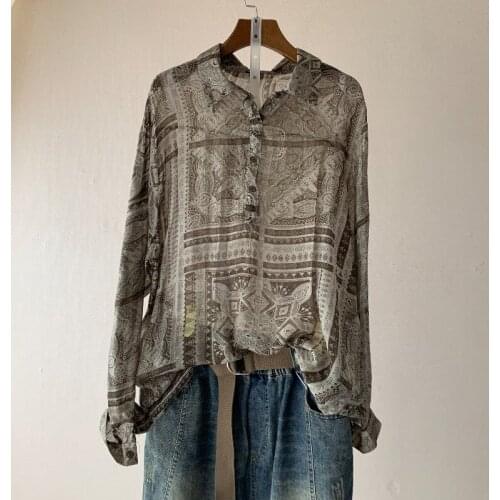 Vintage Printed Women Shirts Summer 2021 Cotton Linen Long-Sleeved Loose Turn-Down Collar Female Outwear Tops