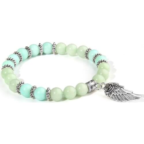 Women Beads Bracelet Natural Stone Amazonite Beads Bracelet Silver Color Wing Charm Pendant Bracelet for Women Girls Jewelry