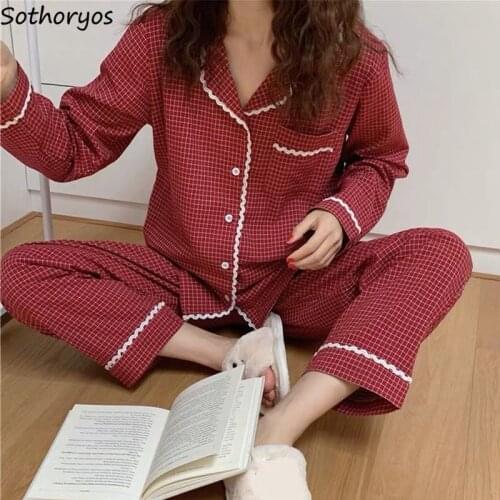 Women Plaid Pajama Sets Lace Ruffles Ins Korean Style Student Single Breasted Tops and Bottoms Baggy Simple Comfortable HomeWear