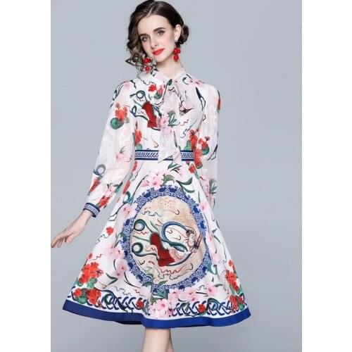 WTIANYUW High Quality Women Bow Collar Single-Breasted Puff Long Sleeve Knee Length Dresses Print Big Size Vestidos 2021 New