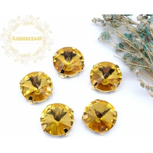 Golden yellow Round Glass Crystal sew on rhinestones with gold claw Diy wedding dress accessories Free shipping