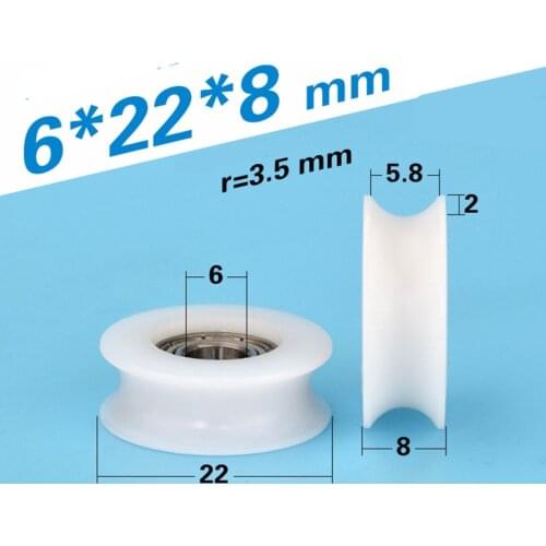 1pcs 6*22*8mm U groove bearing pulley, 7mm track wheel/guide wheel/overhead crane, POM Peilin plastic wheel