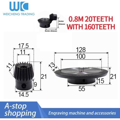 2pcs 1:8 Bevel Gear 0.8 Modulus 20 Teeth hole 6mm + 160 teeth Inner Hole 8mm 90 Degree Drive Commutation Steel Gears