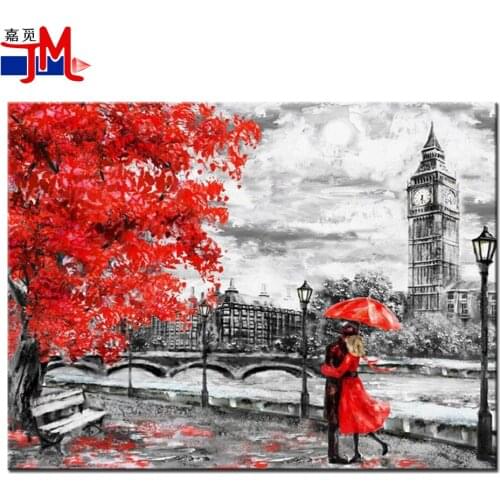 Full Square Round Drill Diamond Embroidery Paris Scenery Red Tree 5D Diy Diamond Painting Cross Stitch Couple Hugging Mosaic Kit